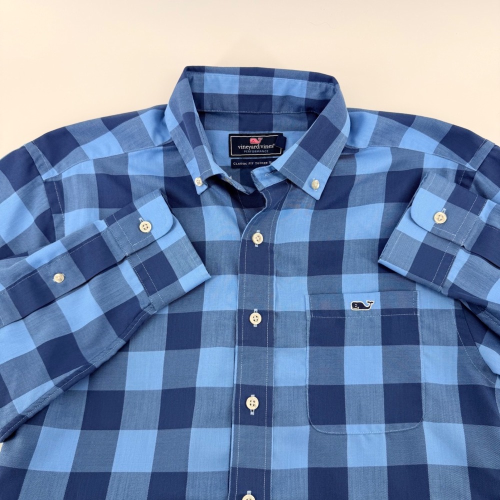 Vineyard Vines Performance Tucker Shirt Blue Buffalo Check Plaid Small 1W1954